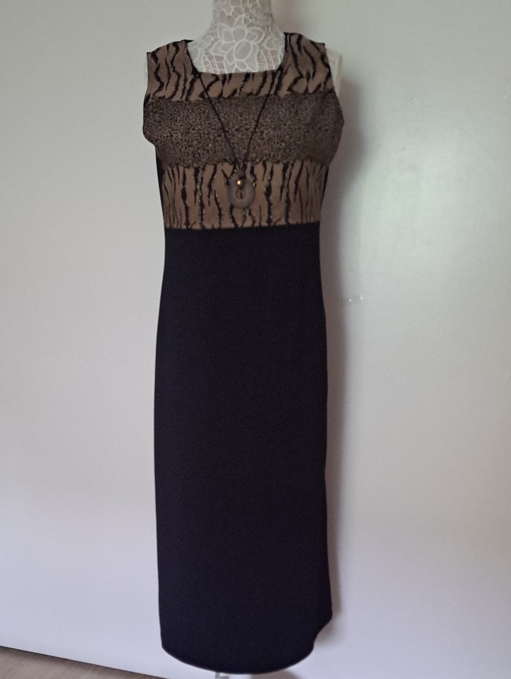 Sleeveless Black Maxi Dress with Brown Animal-Print Bodice